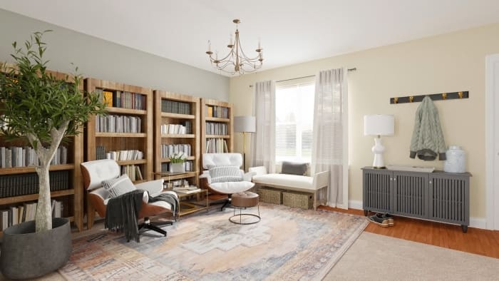 Home Library: Transitional Study Room Design View 2 By Spacejoy