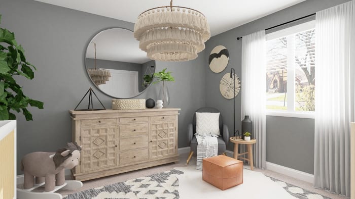 Calming Gray Tones: Rustic Boho Nursery Design View 2 By Spacejoy