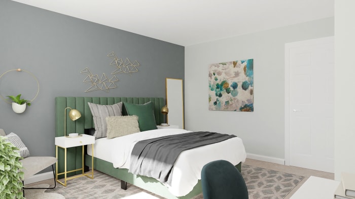 Green Velvets: Modern Glam Bedroom Design View 2 By Spacejoy