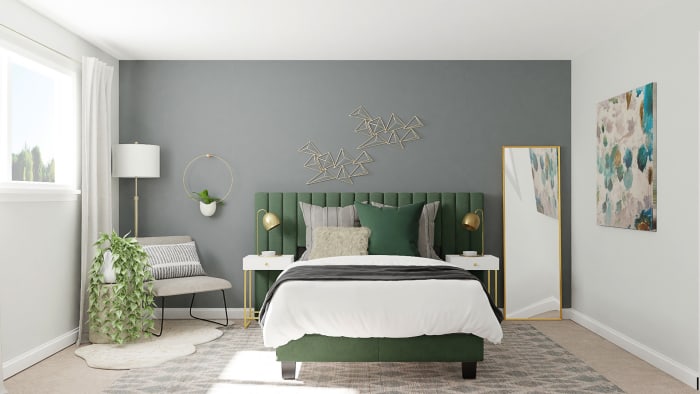 Green Velvets: Modern Glam Bedroom Design View 3 By Spacejoy