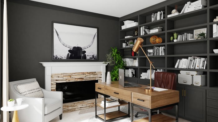 Masculine Workspace: Urban Farmhouse Home Office Design View 2 By Spacejoy