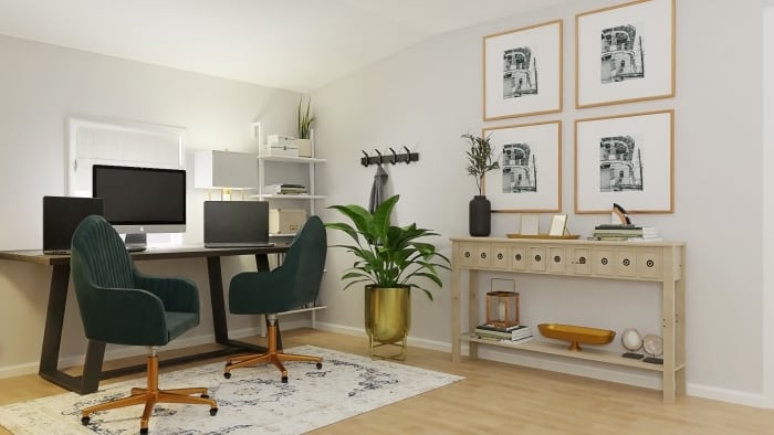 Guest Attic + Podcast Room: Glam Transitional Guest Room Design View 3 By Spacejoy