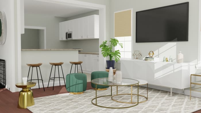 Emerald Accents: Modern Glam Open Plan Living Room Design View 3 By Spacejoy