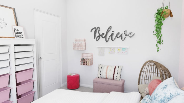 Pink Accents: Elegant Transitional Kids Room Design View 4 By Spacejoy