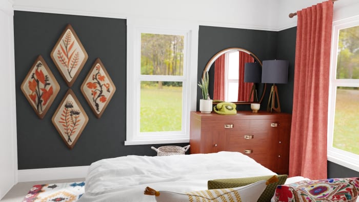 Black & Grapefruit: Eclectic Transitional Bedroom Design View 3 By Spacejoy