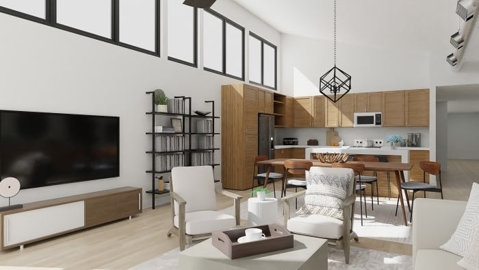 Open Plan: Urban Modern Living and Dining Room Design View 3 By Spacejoy