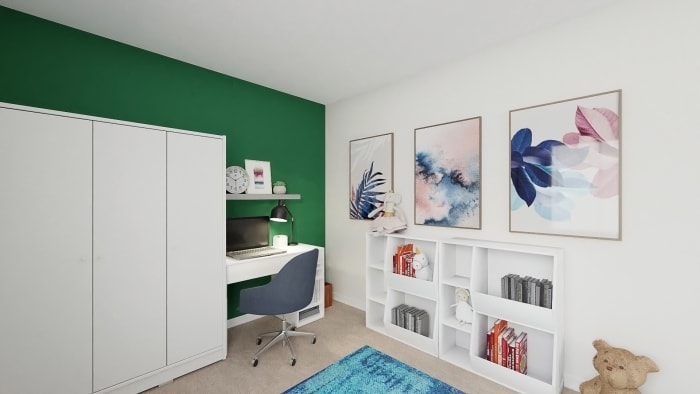 Open Layout - Bedroom Nook + Playroom + Home Office Design View 5 By Spacejoy