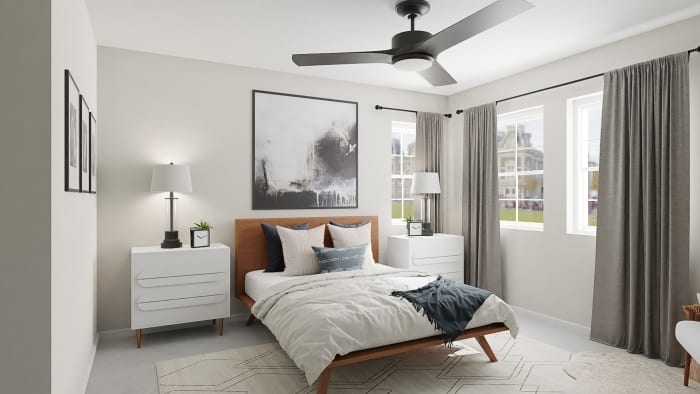 Abstract Artwork: Mid-Century Urban Bedroom Design View 2 By Spacejoy