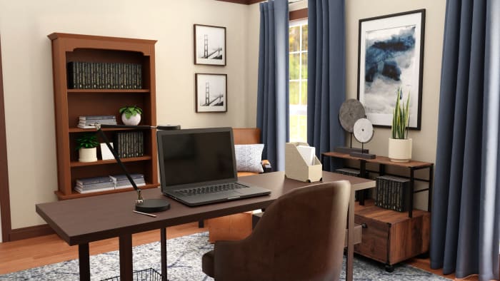 Dark Wood Tones: Modern Rustic Home Office Design View 2 By Spacejoy