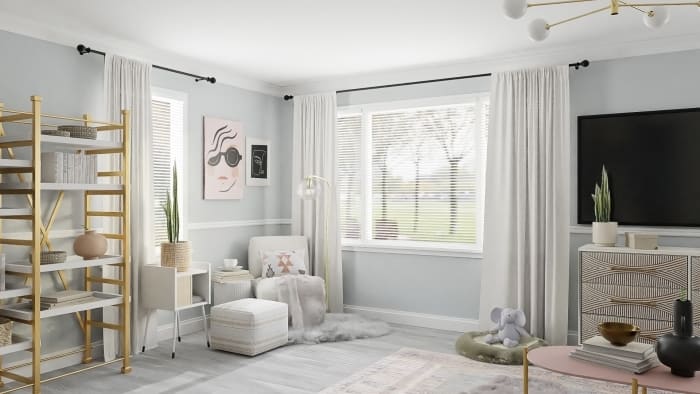 Blush and Gray: Eclectic Glam Living Room Design View 3 By Spacejoy