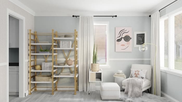 Blush and Gray: Eclectic Glam Living Room Design View 4 By Spacejoy