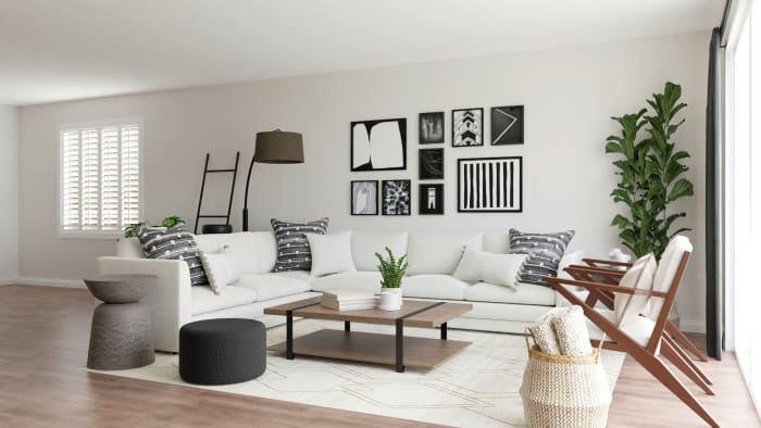 Chic Mid-Century Urban Living Room with Modern Touches Design View 2 By Spacejoy