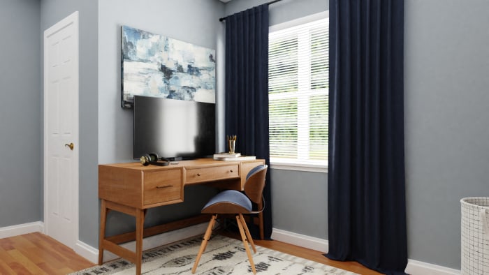 A Tiny Mid-Century Bedroom Maximized for Functionality Design View 2 By Spacejoy