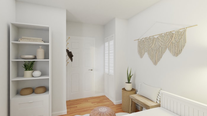 Neutral Rustic Boho Bedroom with Transitional Design Design View 3 By Spacejoy