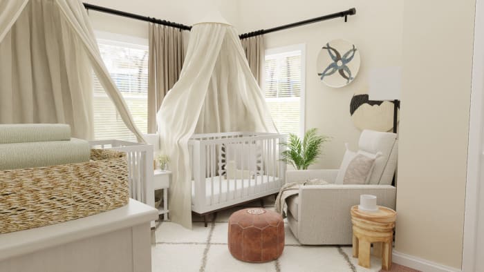 Airy Mid-Century Bohemian Gender-Neutral Nursery with Transitional Design Design View 3 By Spacejoy