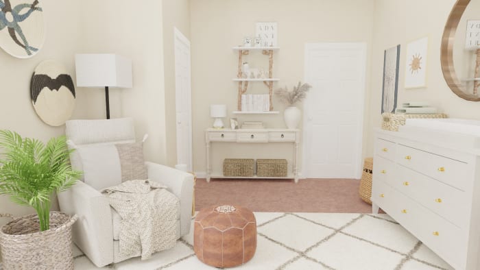 Airy Mid-Century Bohemian Gender-Neutral Nursery with Transitional Design Design View 4 By Spacejoy