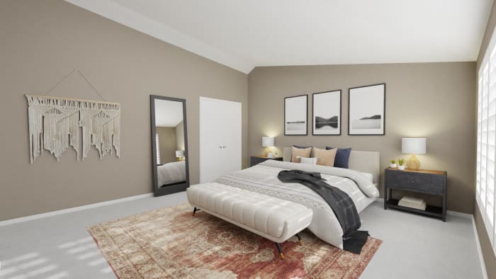 A Urban Modern Boho Bedroom with Bold Accents Design View 4 By Spacejoy