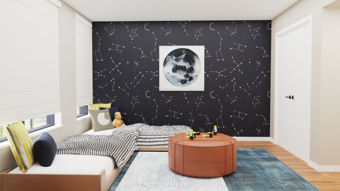 Astrology-Inspired Kid's Bedroom with Plenty of Play Area Design View 2 By Spacejoy