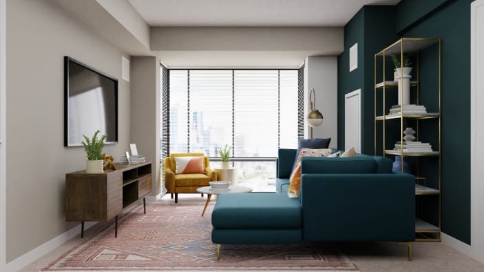 A Sophisticated Mid-Century Open Living Room Space Design View 5 By Spacejoy