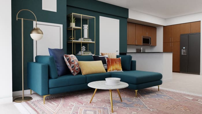 A Sophisticated Mid-Century Open Living Room Space Design View 3 By Spacejoy