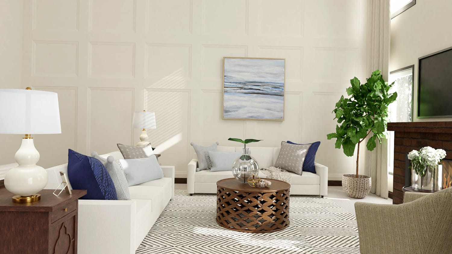 Soft Soothing Neutrals with Coastal Vibes: Classic Traditional Living Room Design By Spacejoy