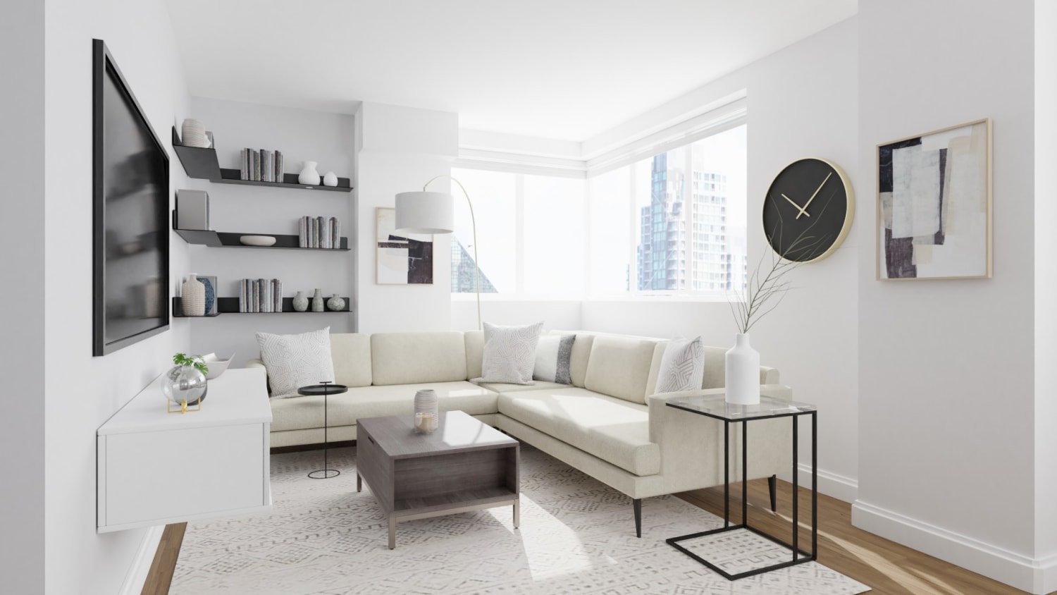 Classy Neutral Tones: Urban Minimalist Living Room Design By Spacejoy