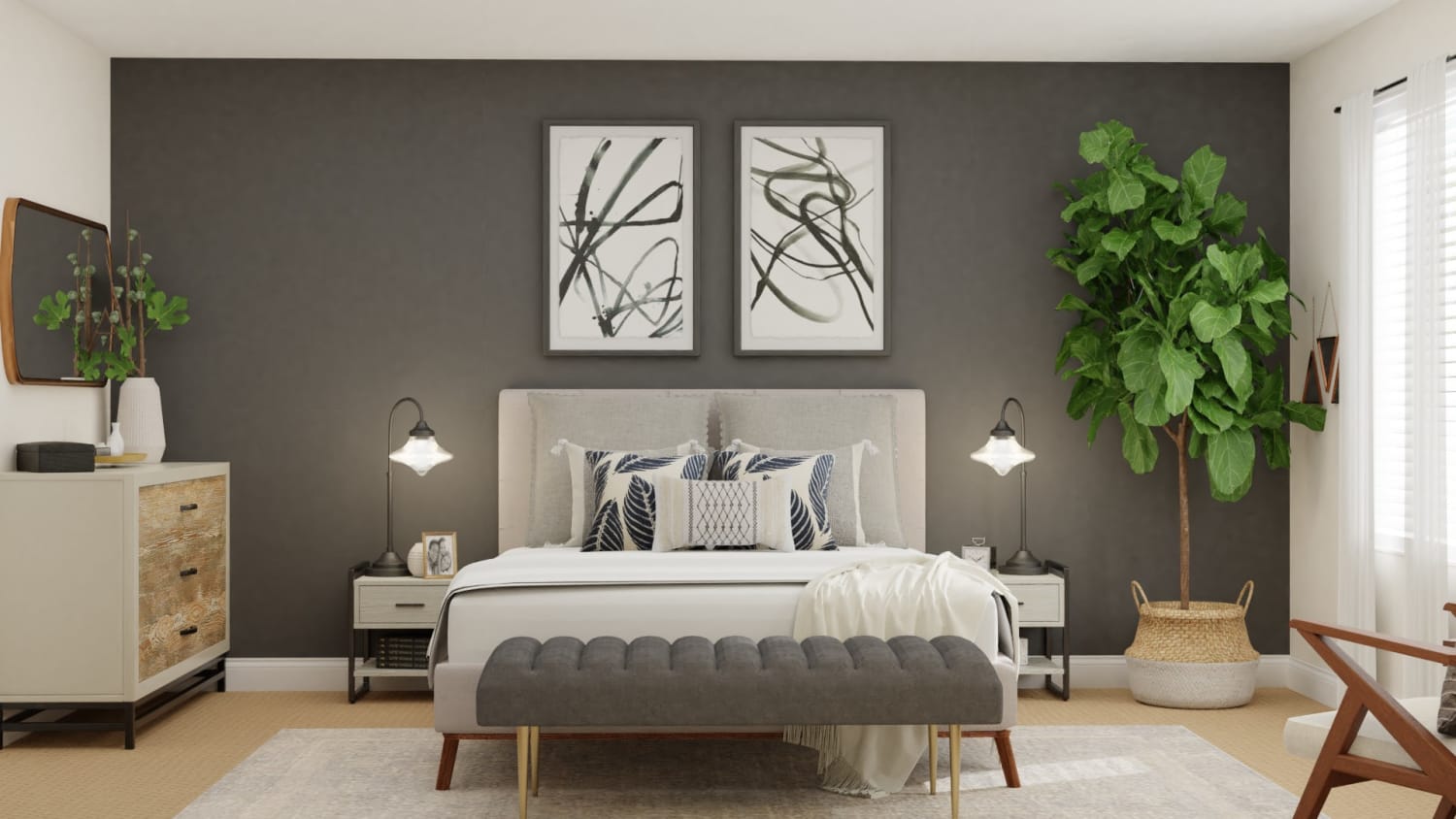 Gray Accent Wall: Modern Farmhouse Bedroom Design By Spacejoy