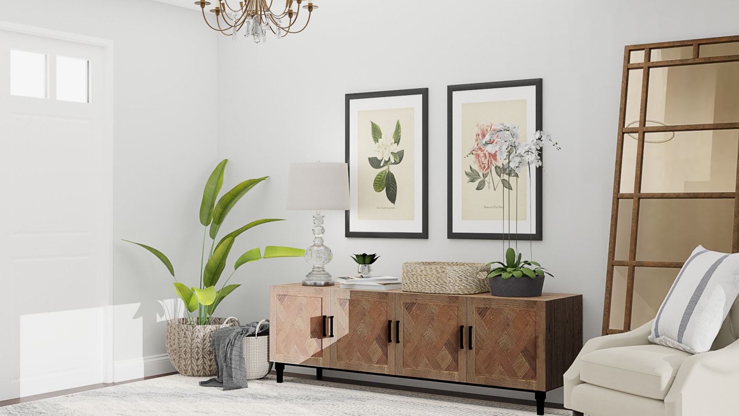 Statement Mirror + Storage: Glam Transitional Entry Design By Spacejoy