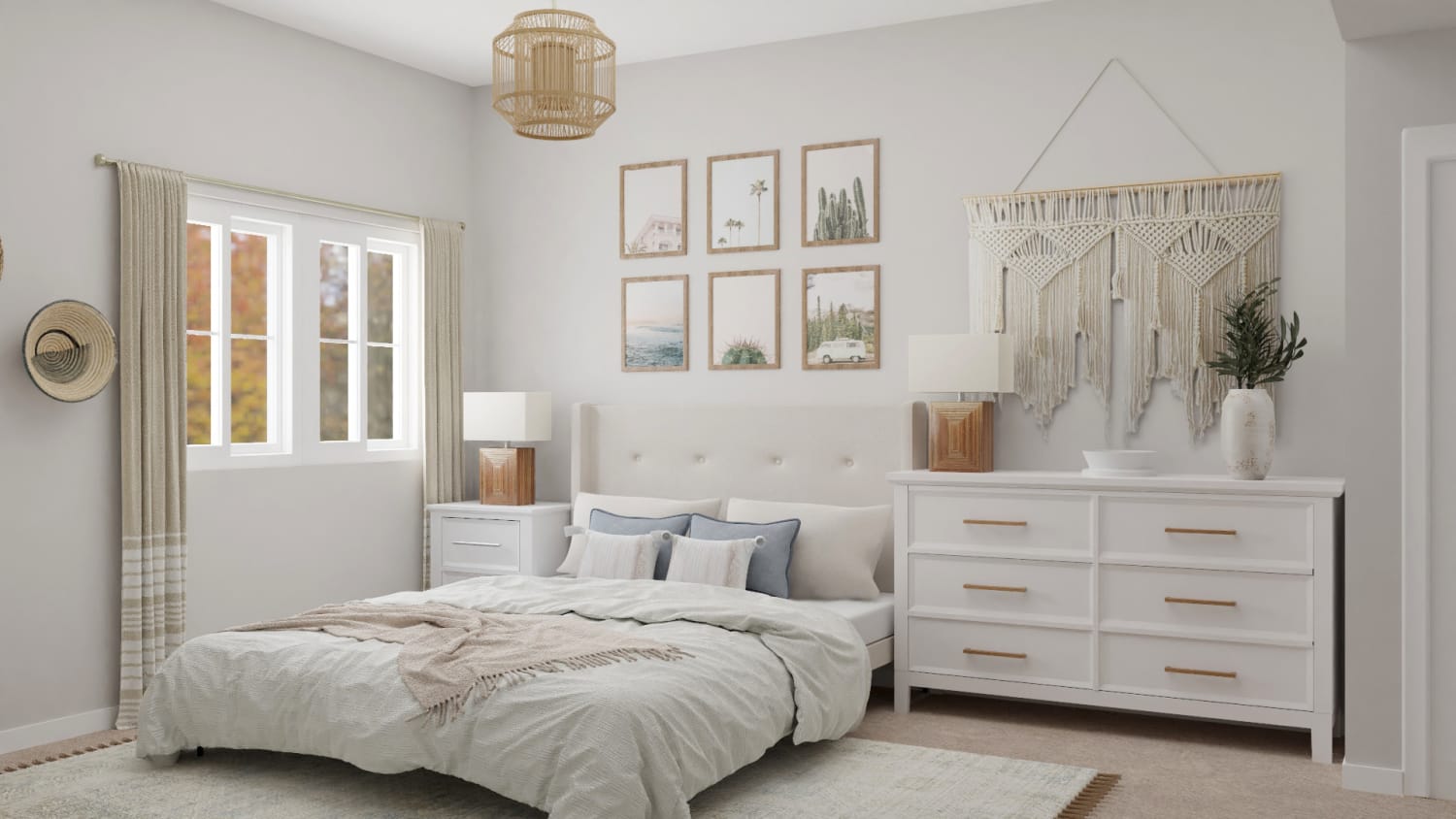A Dreamy Bohemian Small Bedroom in Neutral Tones Design By Spacejoy