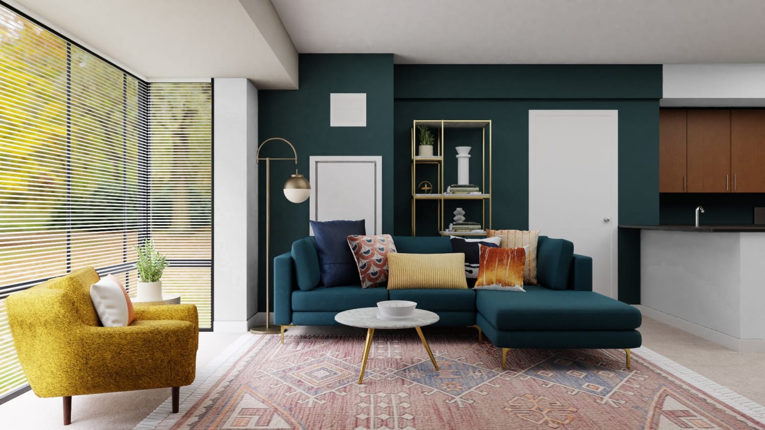 A Sophisticated Mid-Century Open Living Room Space Design By Spacejoy