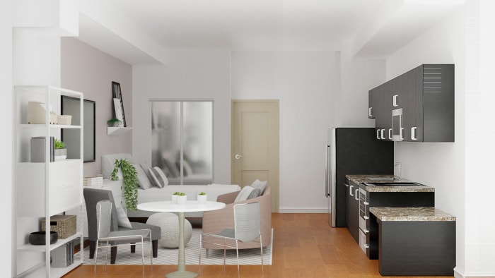 Functional Layout in a Tight Space: Modern Glam Studio Design View 3 By Spacejoy