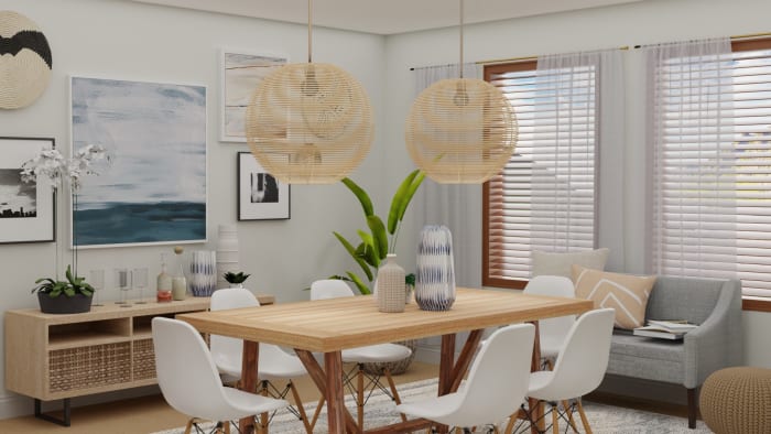 Delicate Pieces with Statement Lighting Dining Room: Boho Eclectic Dining Room Design View 3 By Spacejoy