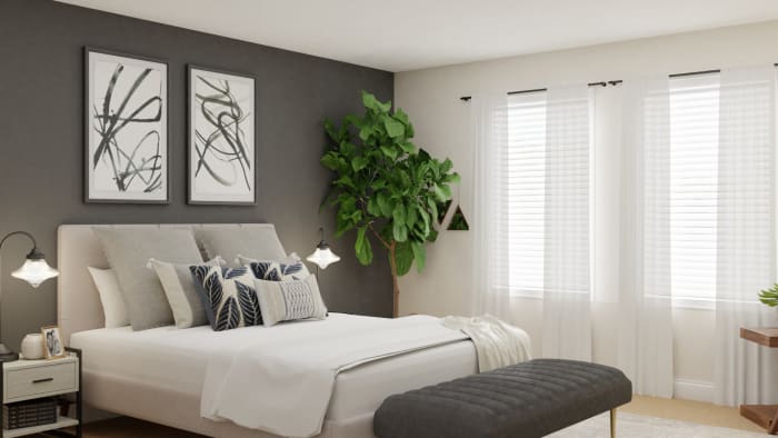 Gray Accent Wall: Modern Farmhouse Bedroom Design View 2 By Spacejoy
