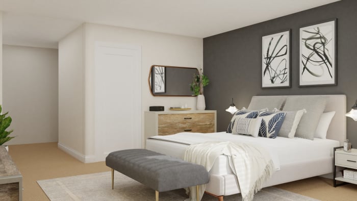 Gray Accent Wall: Modern Farmhouse Bedroom Design View 4 By Spacejoy