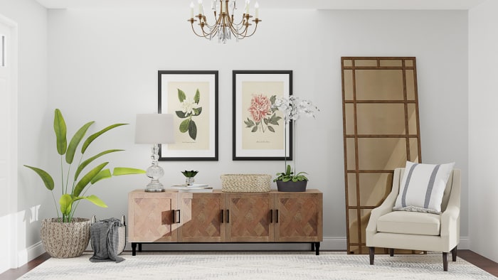 Statement Mirror + Storage: Glam Transitional Entry Design View 2 By Spacejoy