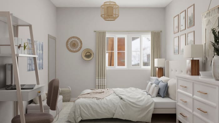 A Dreamy Bohemian Small Bedroom in Neutral Tones Design View 3 By Spacejoy