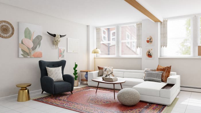 An Open Mid-Century Eclectic Living Room with Rustic Flair Design View 2 By Spacejoy
