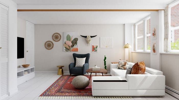 An Open Mid-Century Eclectic Living Room with Rustic Flair Design View 3 By Spacejoy