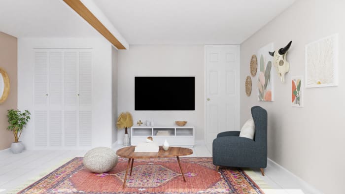 An Open Mid-Century Eclectic Living Room with Rustic Flair Design View 4 By Spacejoy