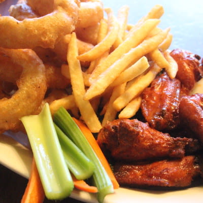 Kombo, onion rings, fries and fried chicken.