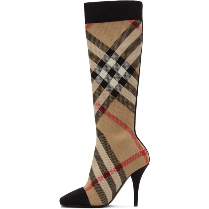 barely beige,deep green burberry burberry beige check stretch knit sock boots