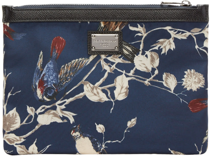 Dolce and Gabbana Navy Bird Print Zip Pouch