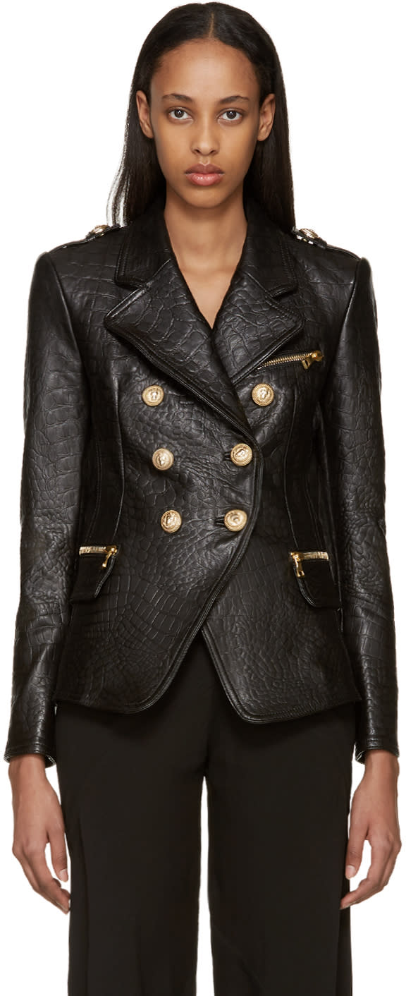 Balmain Black Croc-embossed Leather Jacket