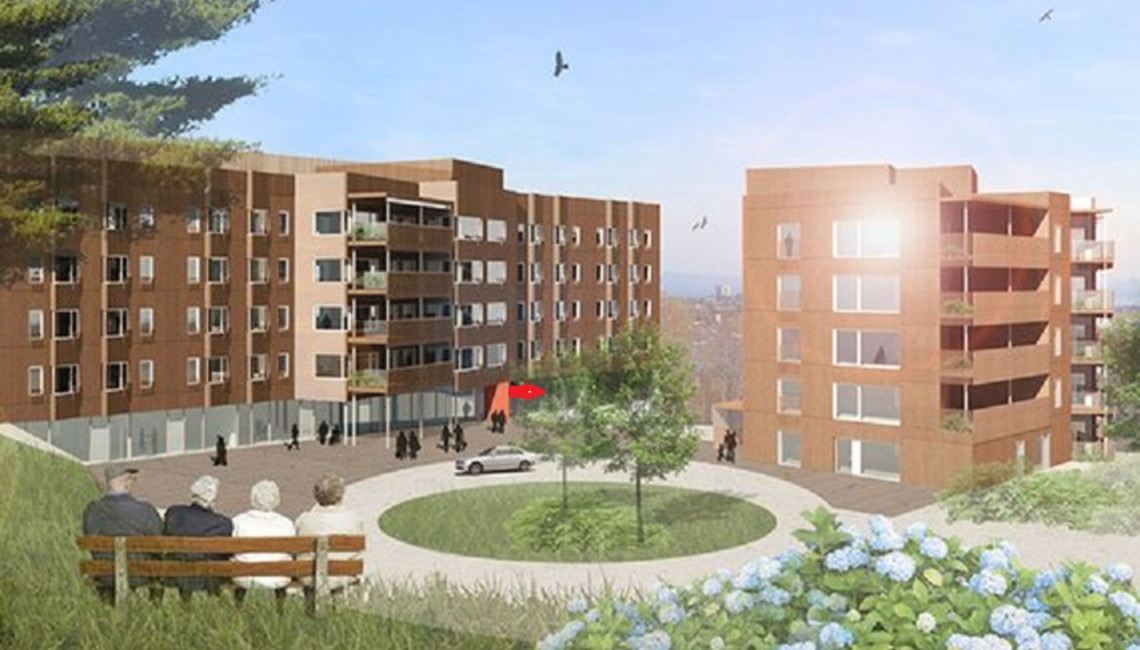 Arkitekttegnet illustrasjon av administrasjonsbygg til Strindheim hjemmetjeneste
