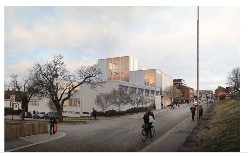 Skisse til nytt bibliotek sett fra Sandesundveien. Skisse til nytt bibliotek sett fra Sandesundveien.