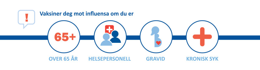 Vaksiner deg mot influensa om du er over 65 år, helsepersonell, gravid eller kronisk syk. Vaksiner deg mot influensa om du er over 65 år, helsepersonell, gravid eller kronisk syk.