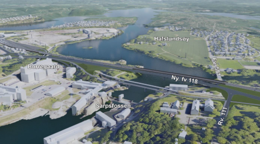 Alternativ Midt-7, strekningen fra Sarpsborg stasjon til Hafslund hovedgård. Fugleperspektiv sett fra sør mot Hafslundsøy Alternativ Midt-7, strekningen fra Sarpsborg stasjon til Hafslund hovedgård. Fugleperspektiv sett fra sør mot Hafslundsøy