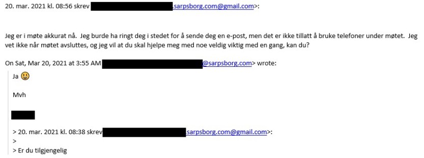 Andre del av maildialogen (den nederste er eldst) Andre del av maildialogen (den nederste er eldst)