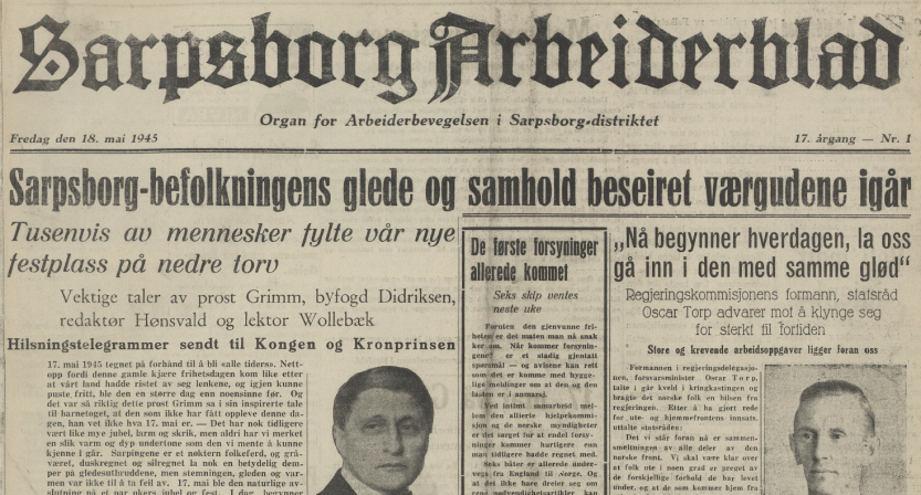 Sarpsborg Arbeiderblad 18. mai 1945 Sarpsborg Arbeiderblad 18. mai 1945