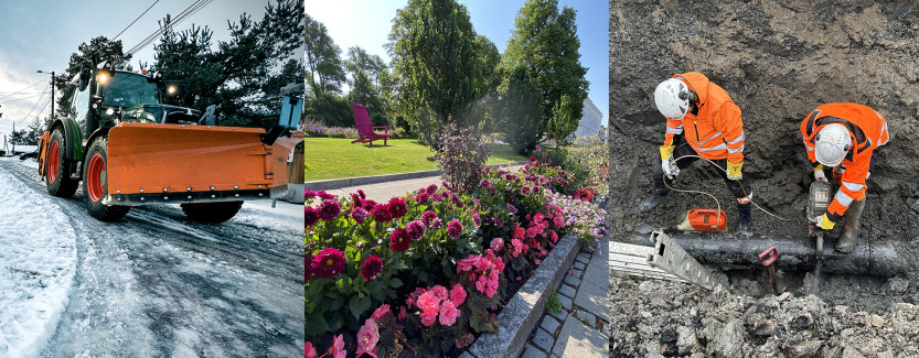 kommunalteknikk. Traktor, blomster og vann og avløp